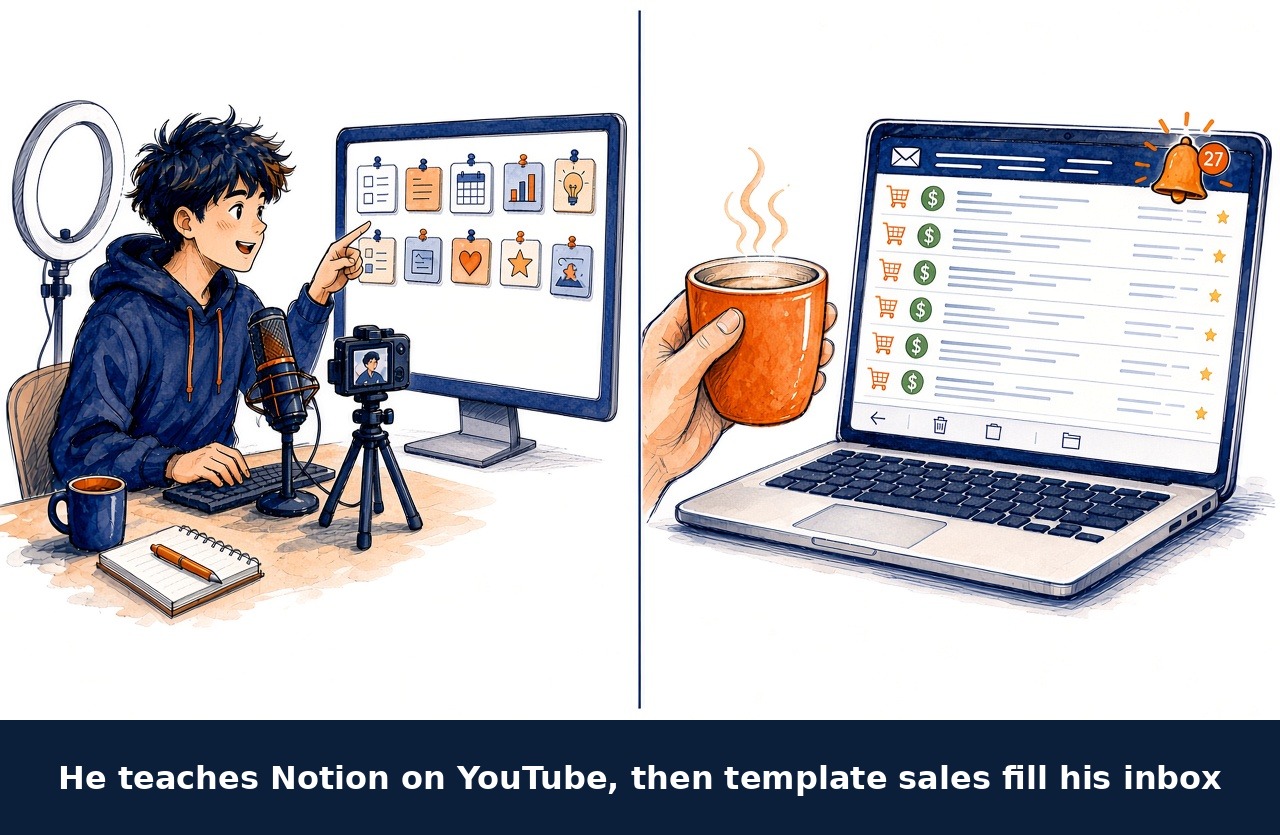 Sketch: he teaches Notion on YouTube, then template sales fill his inbox