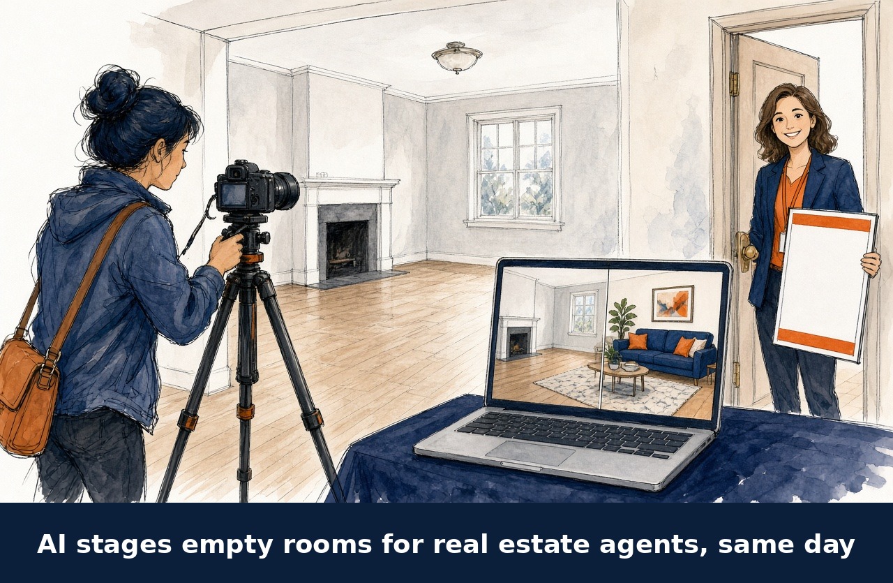 Sketch: AI stages empty rooms for real estate agents, same day